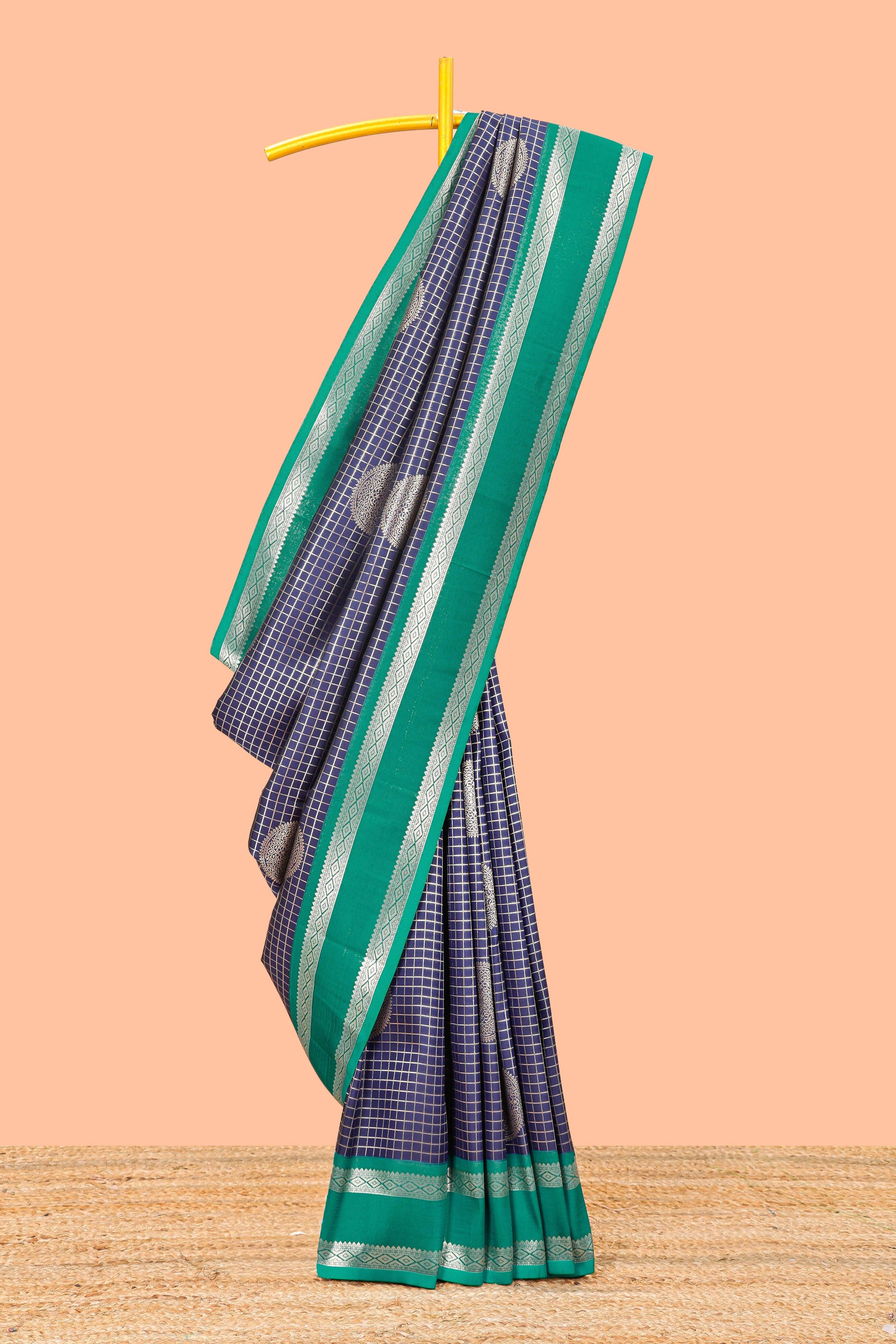 Navy blue semi soft silk zari check saree