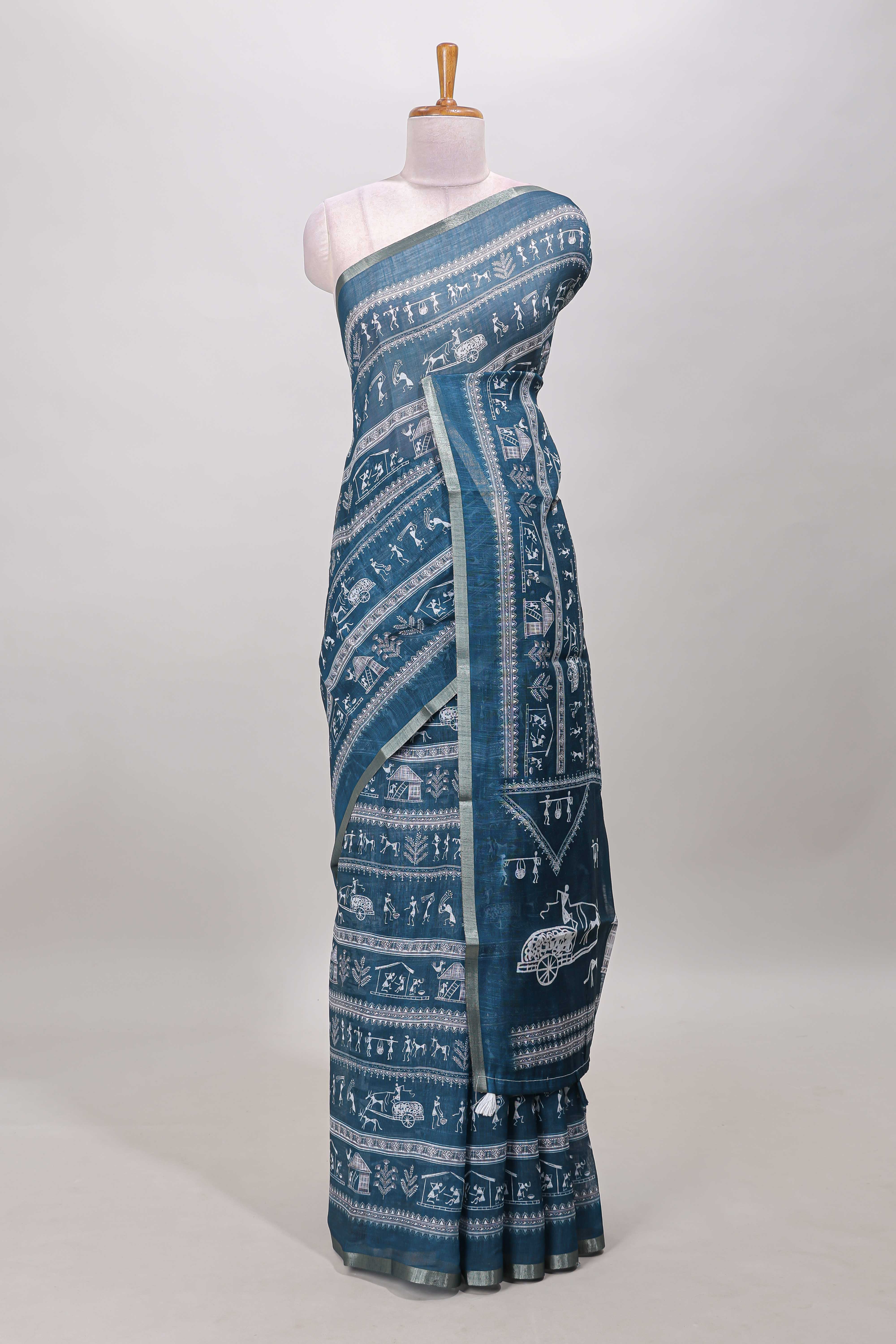 Ocean blue linen cotton saree