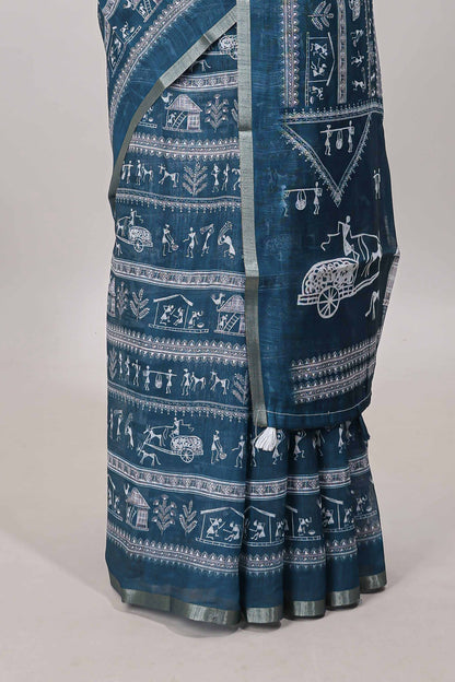 Ocean blue printed blouse saree