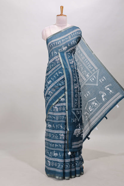 Ocean blue warli print linen cotton saree