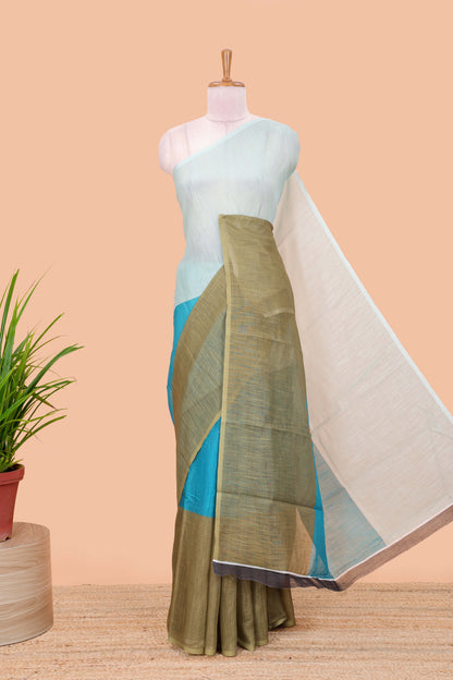 Olive baby blue linen saree