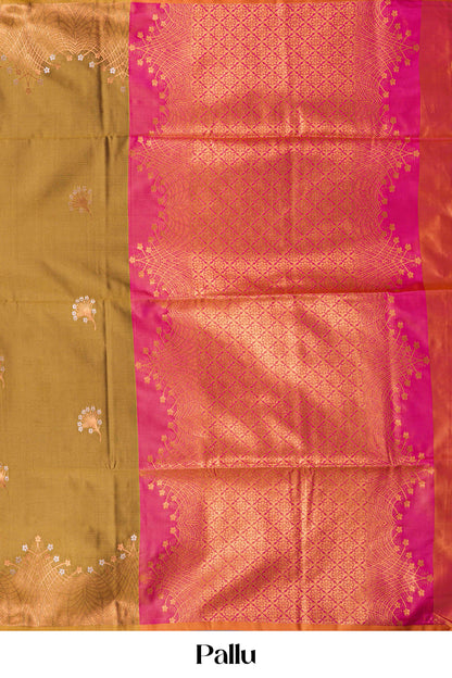 Olive green art soft silk ethnic saree