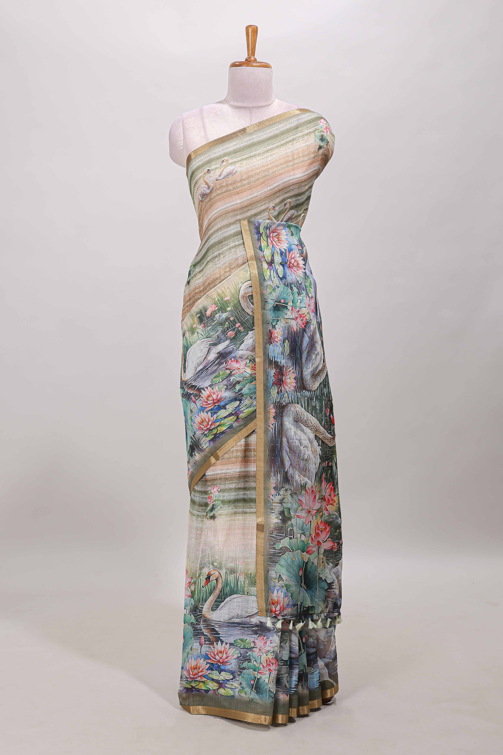 Olive green casual wear linen cotton saree