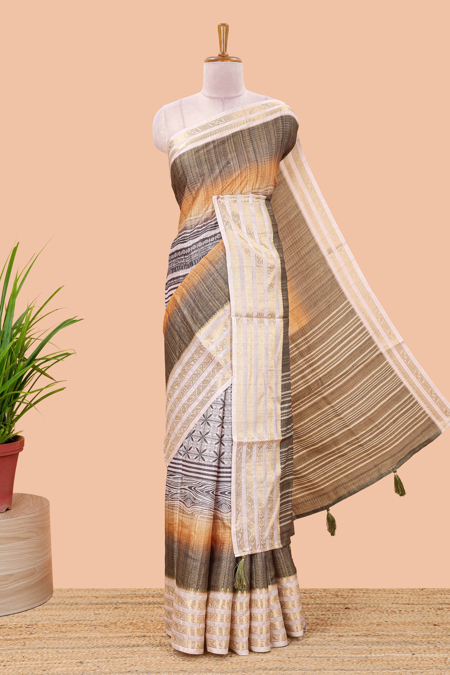 Olive green dola silk block print saree