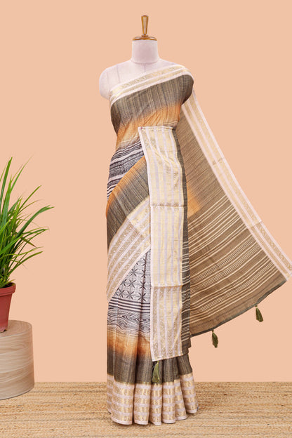 Olive green dola silk block print saree