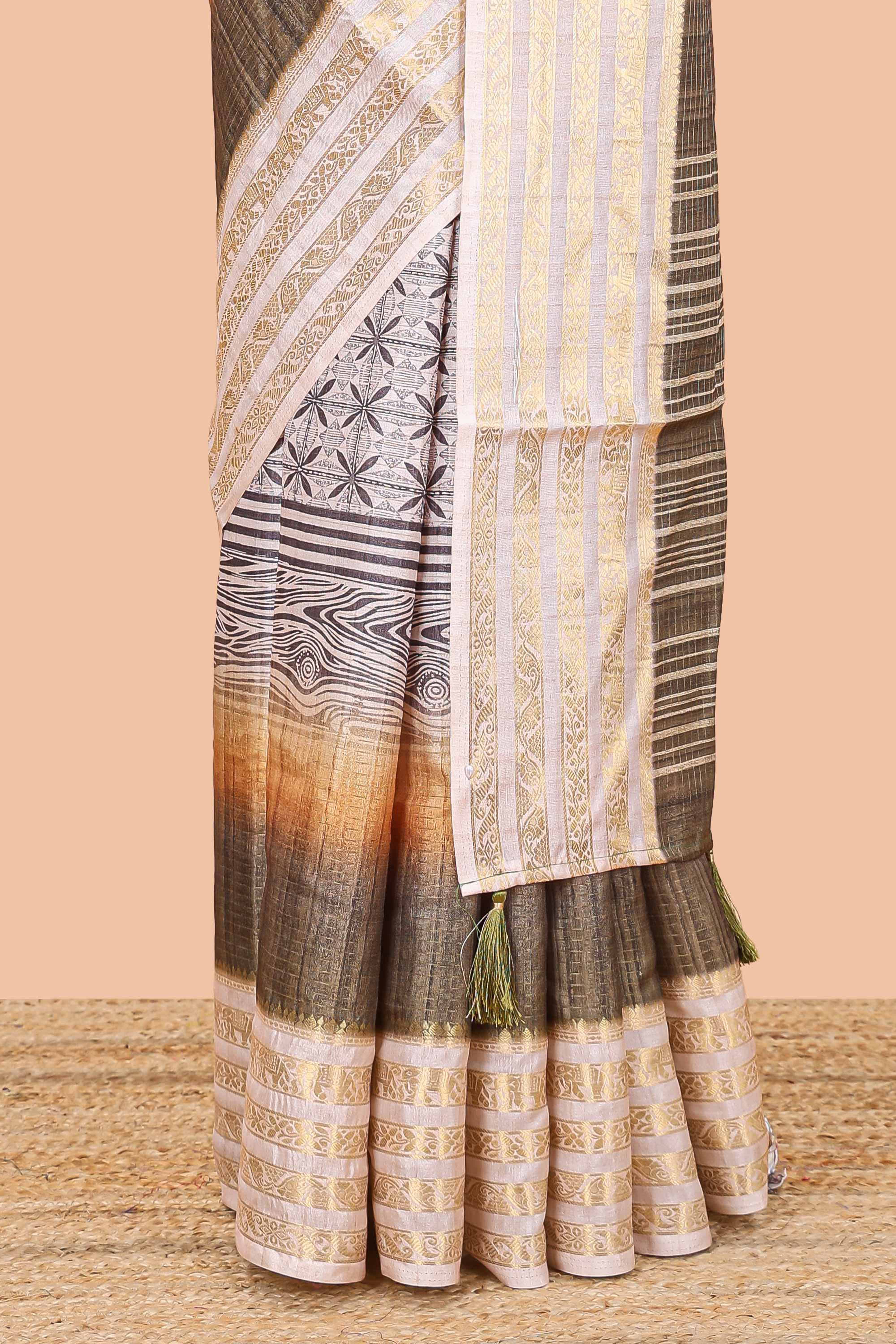Olive green dola silk zari border saree