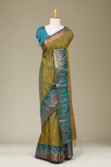 Olive green kathan silk contrast border saree