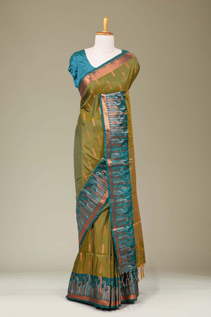 Olive green kathan silk contrast border saree