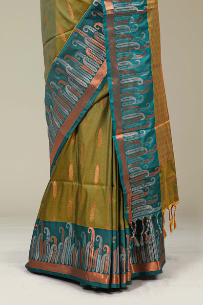 Olive green kathan silk festive saree