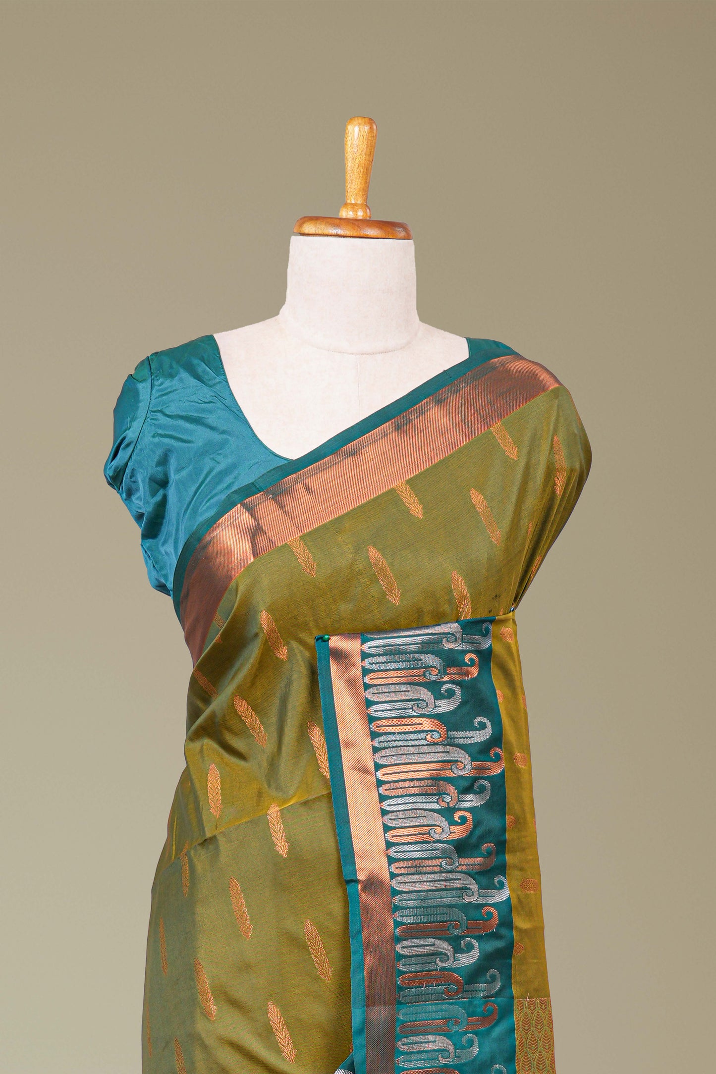 Olive green kathan silk rich pallu saree