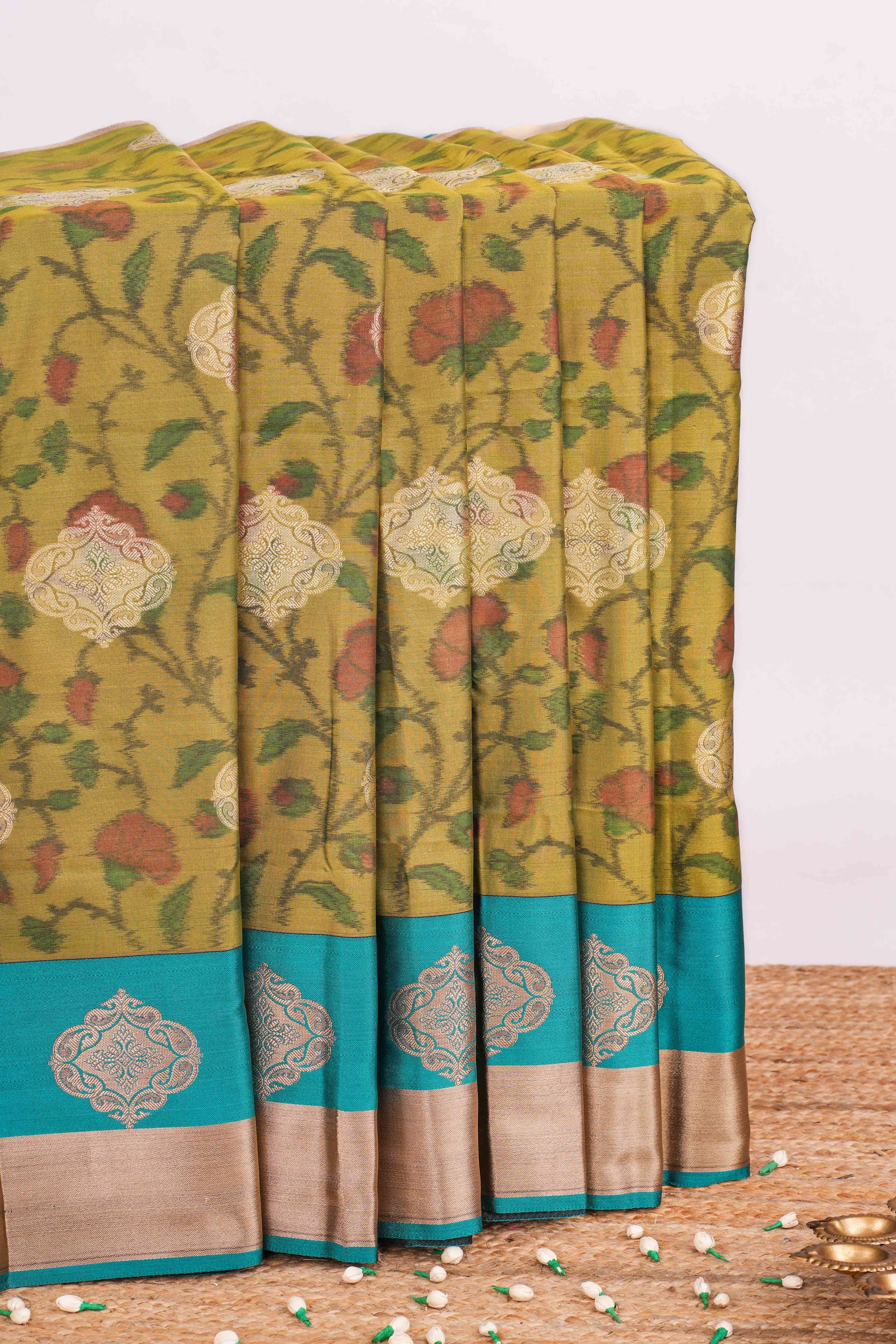 Olive green kathan silk zari butta saree
