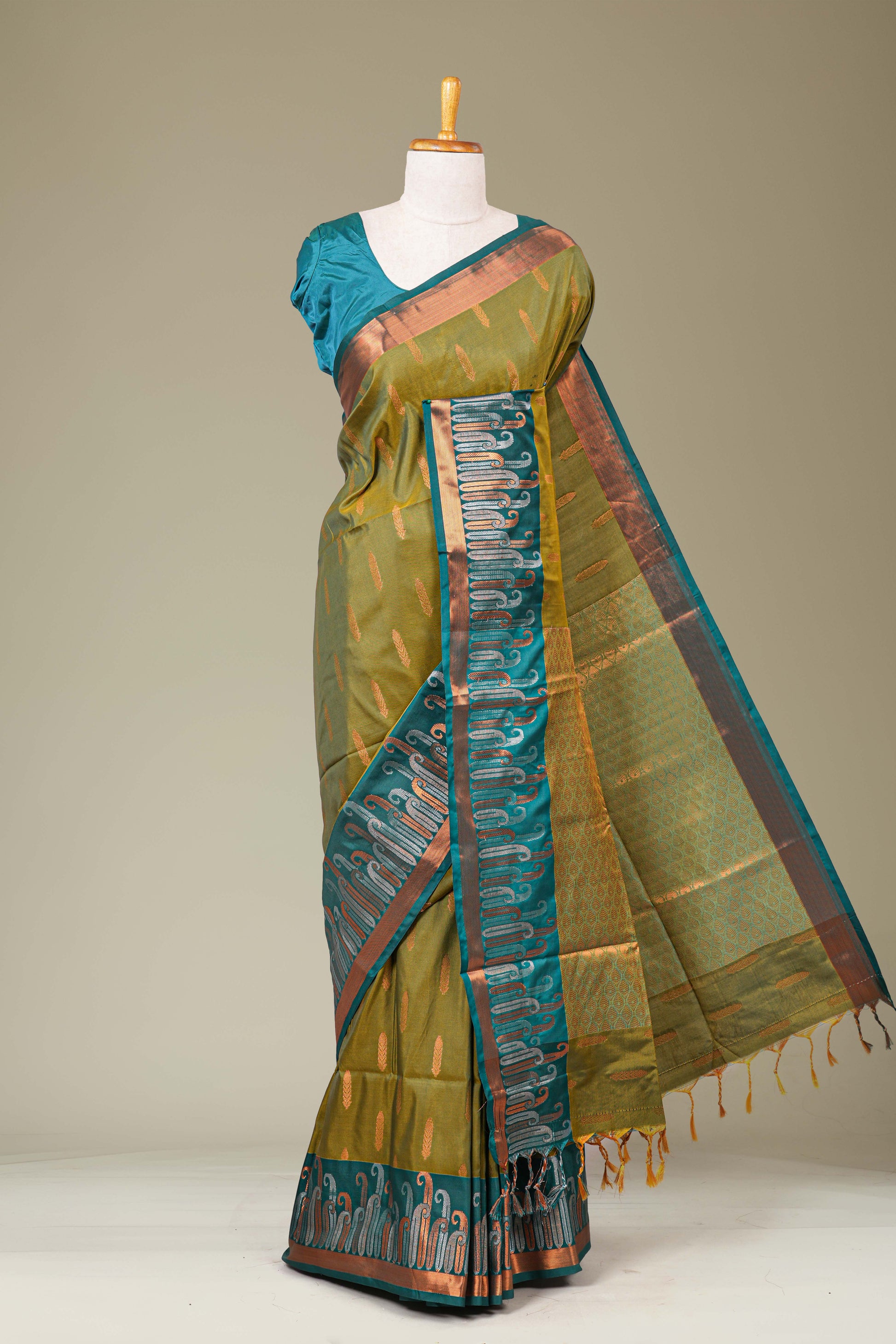 Olive green kathan silk zari weave saree