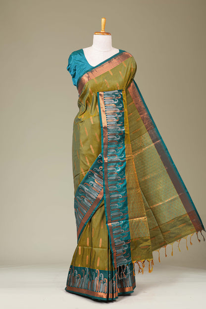 Olive green kathan silk zari weave saree