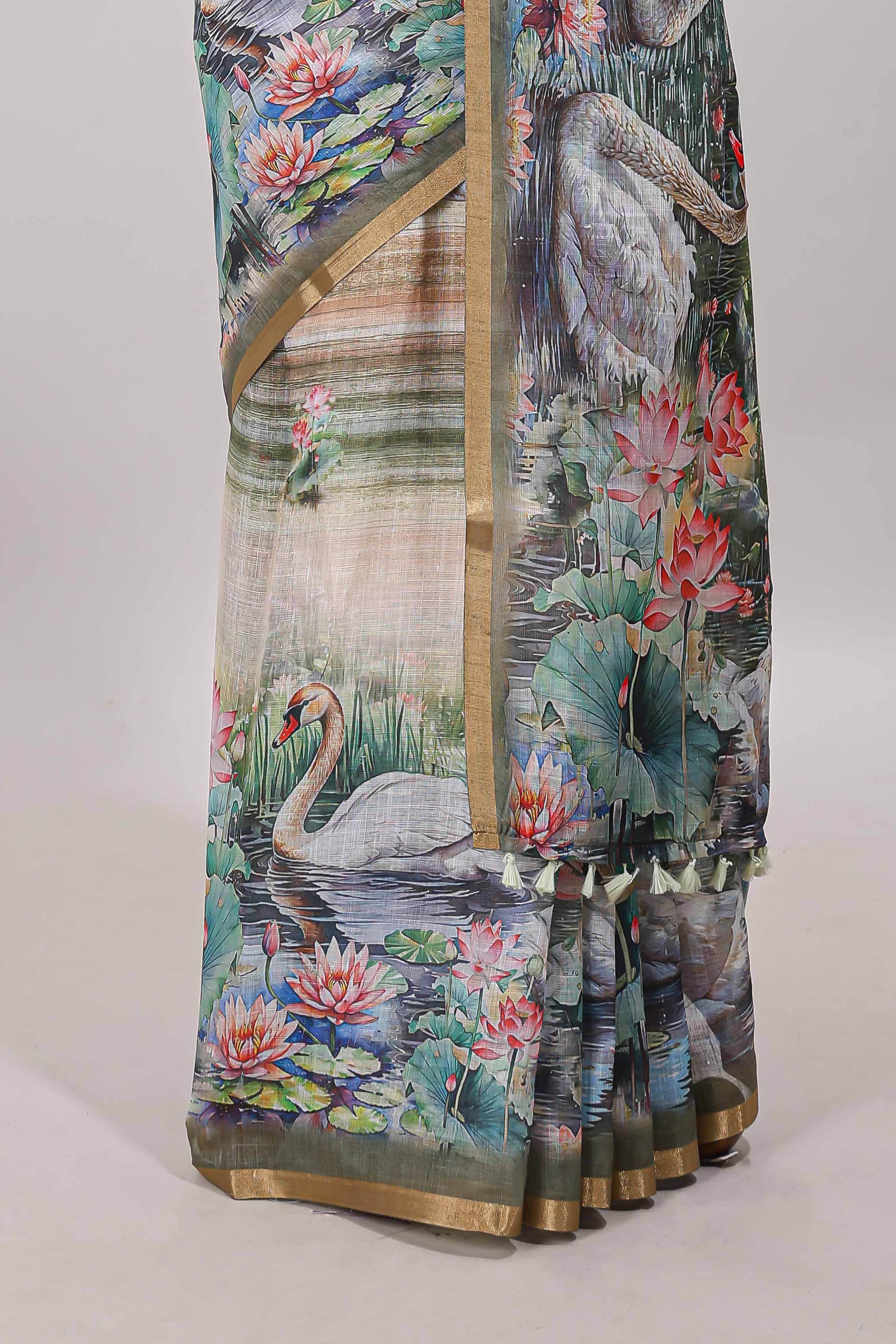 Olive green linen saree with self zari border