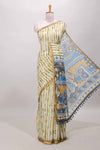 Olive green striped shibori print linen cotton saree