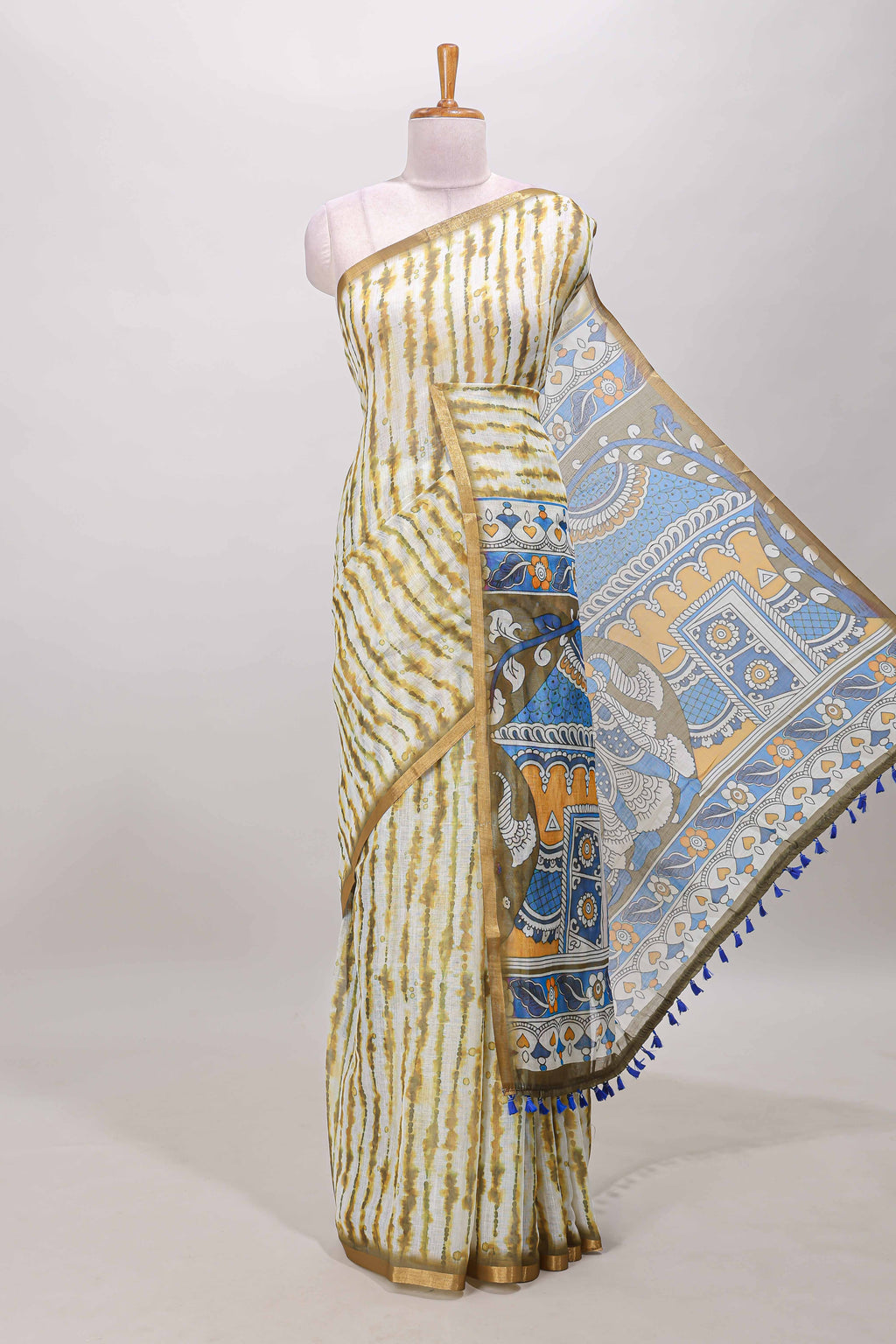 Olive green striped shibori print linen cotton saree
