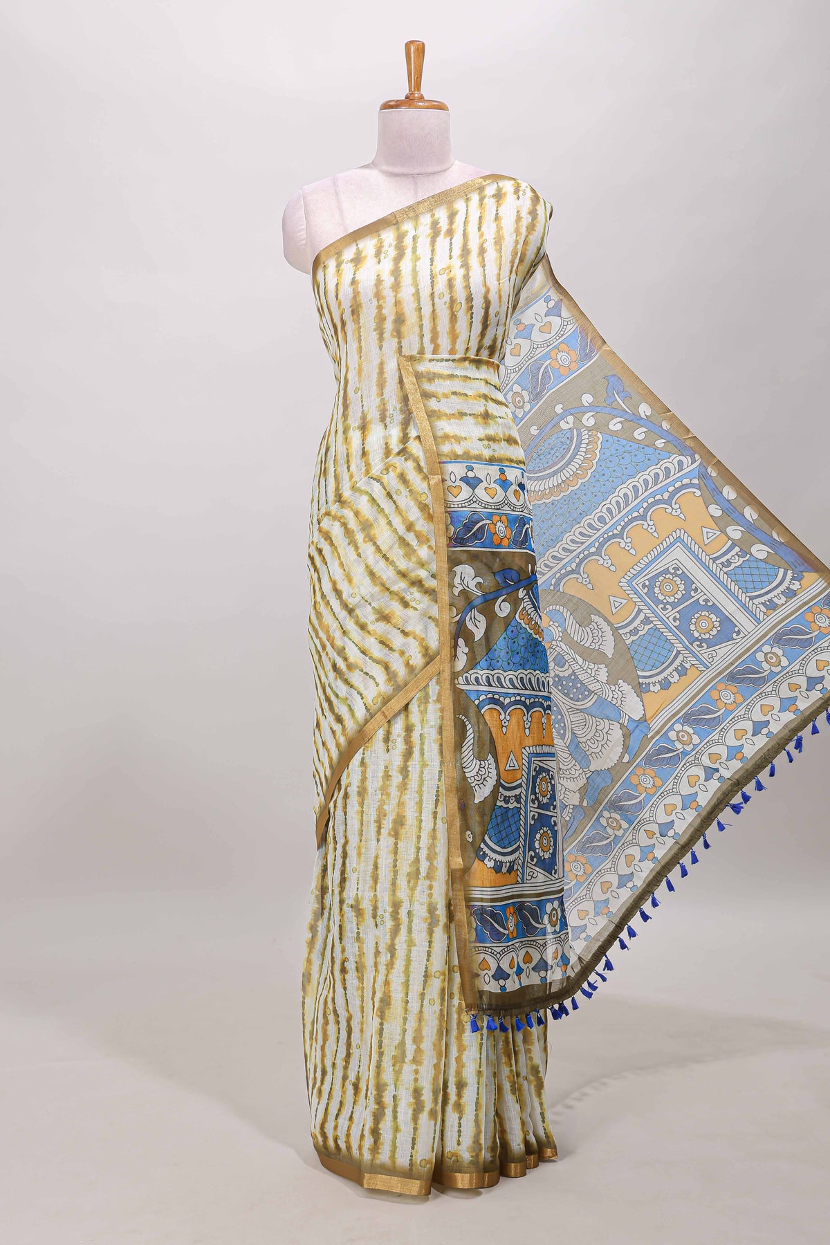 Olive green striped shibori print linen cotton saree

