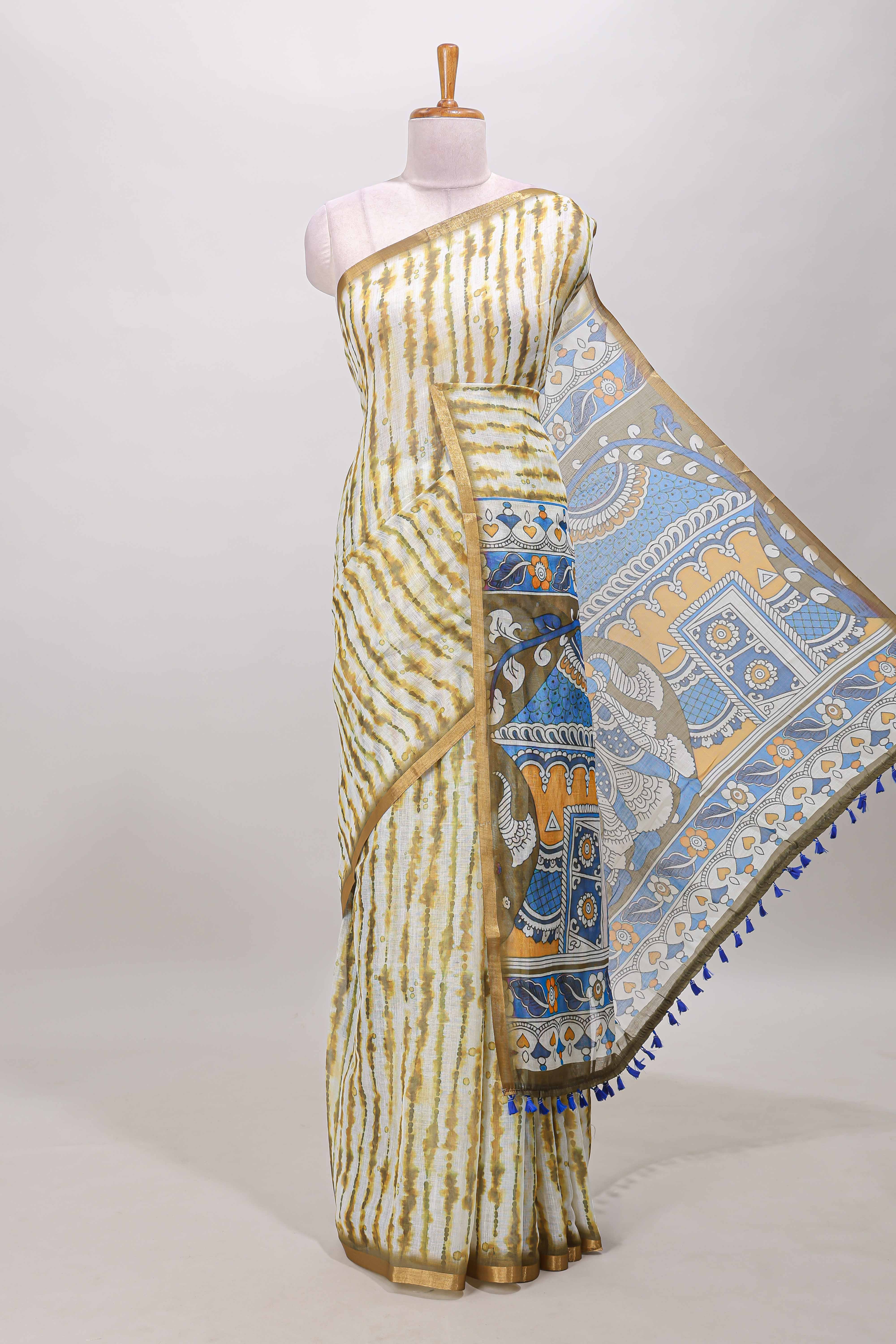 Olive green striped shibori print linen cotton saree