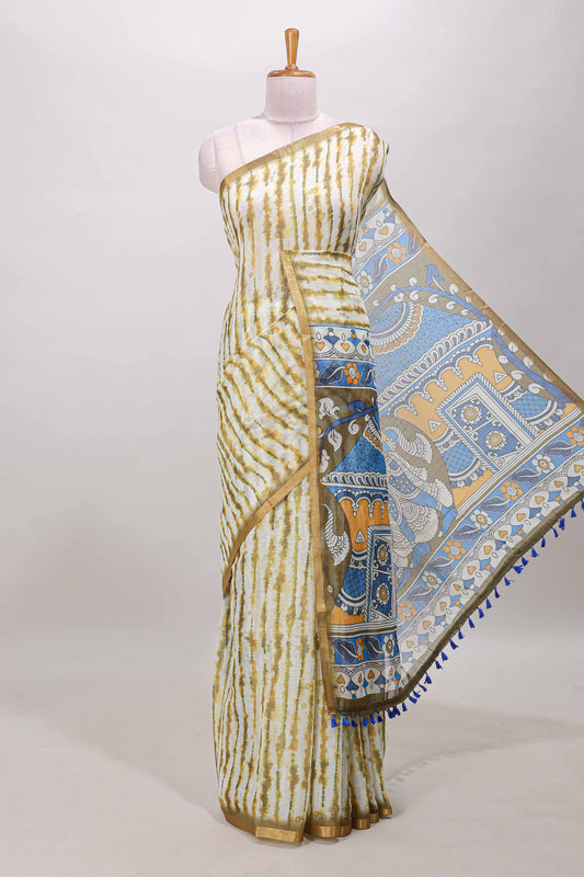Olive green striped shibori print linen cotton saree
