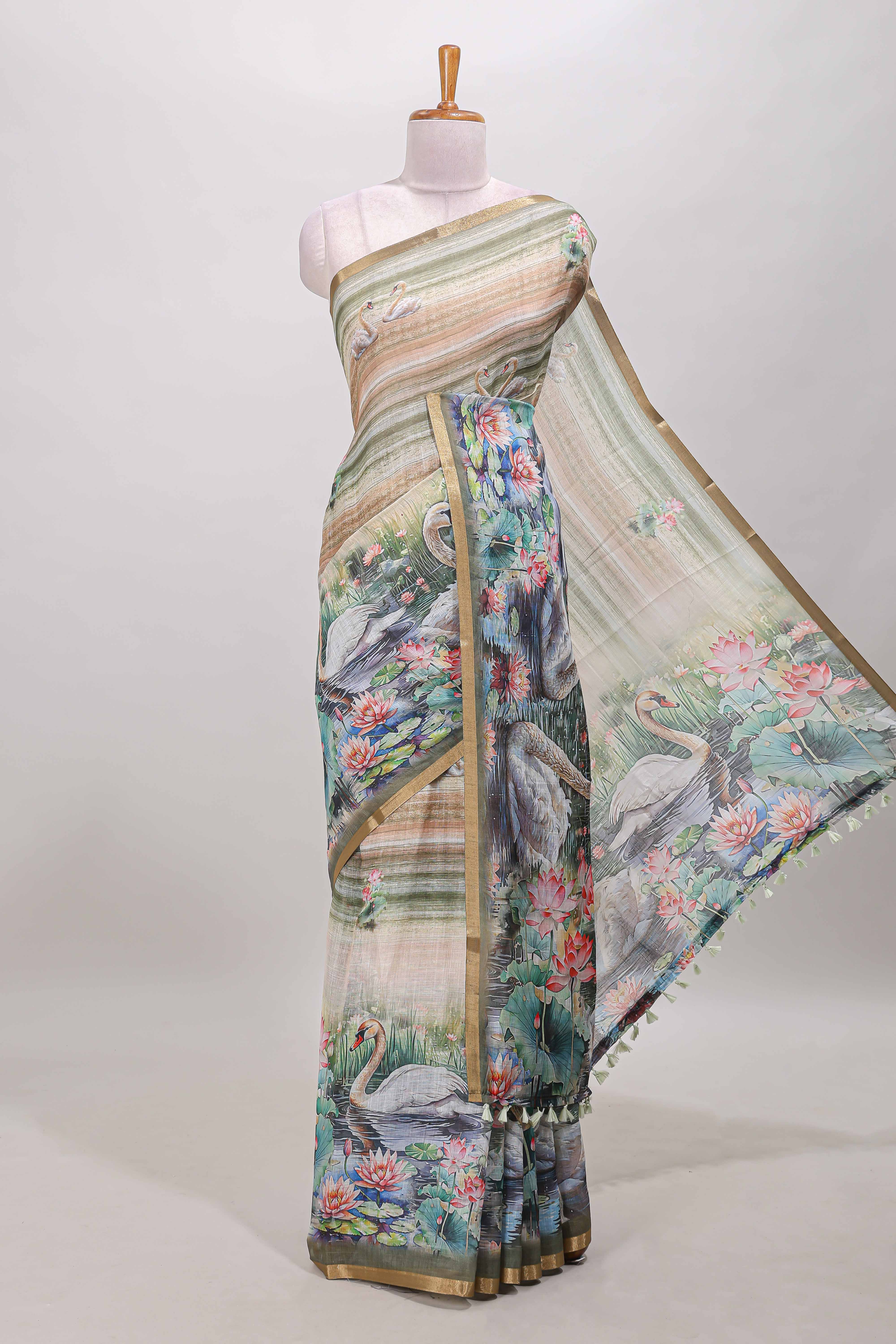 Olive green swan lotus pond linen cotton saree