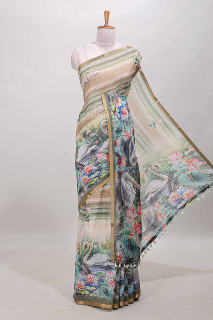 Olive green swan lotus pond linen cotton saree