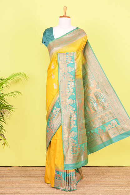 Olive yellow art silk elephant motif saree