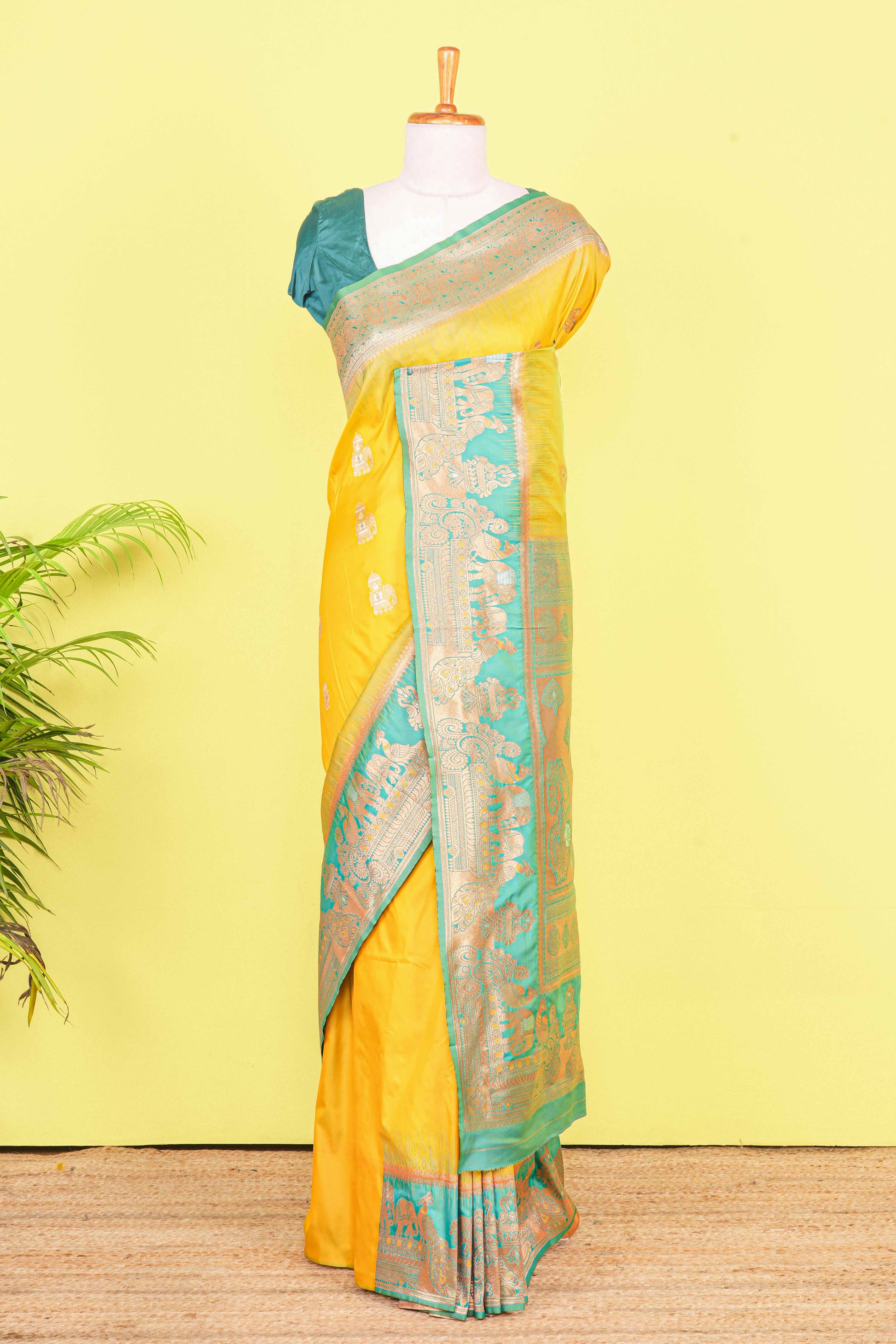 Olive yellow art silk floral pallu saree