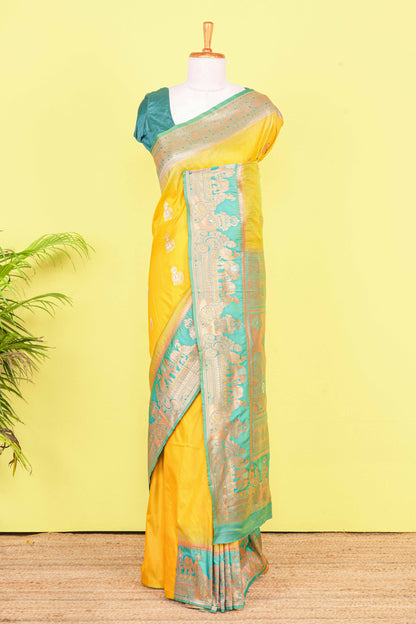 Olive yellow art silk floral pallu saree