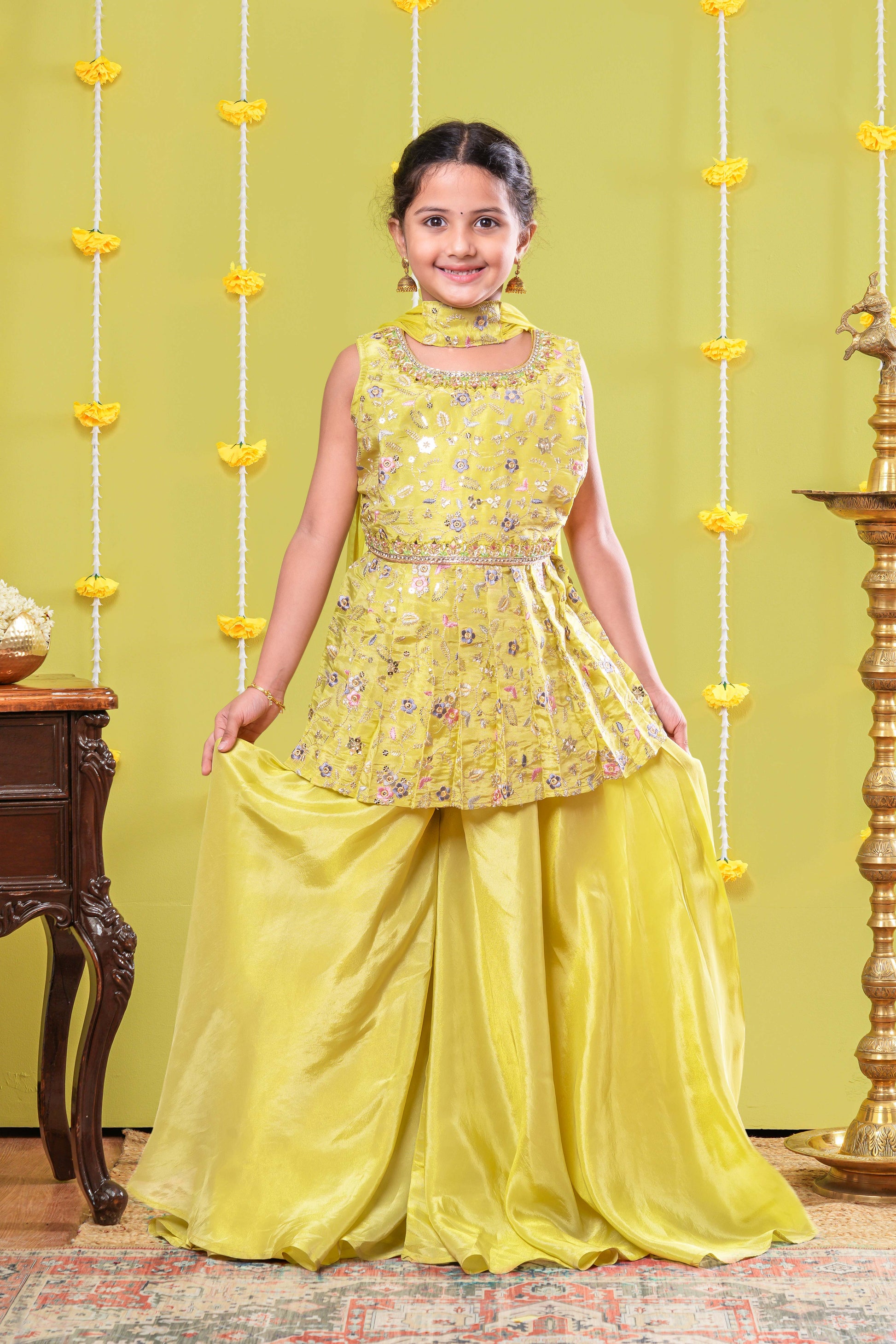 Olive yellow festive sharara ensemble
