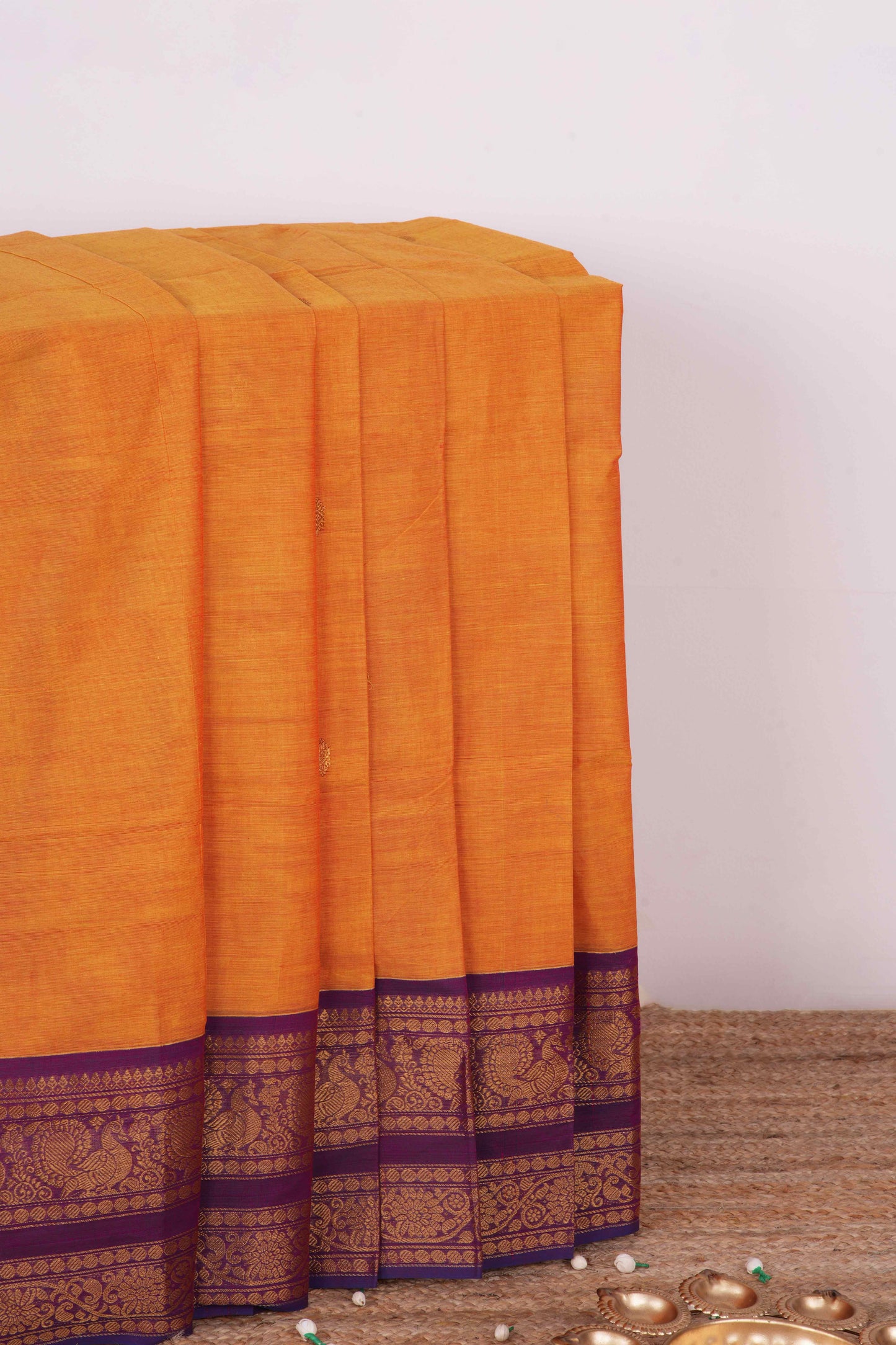 Orange Chettinad cotton rich pallu saree
