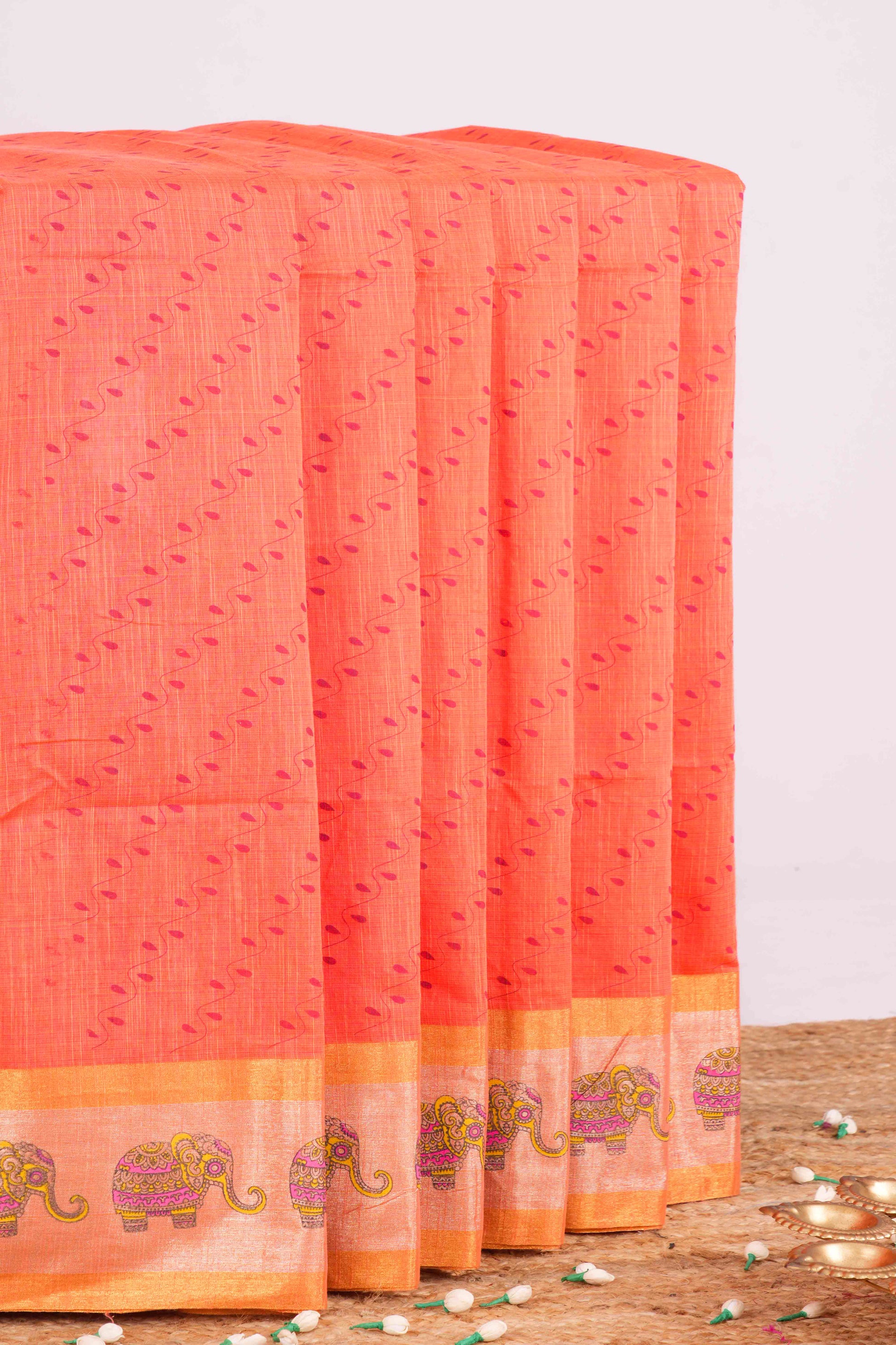 Orange Printed Chirala Cotton Saree Online
