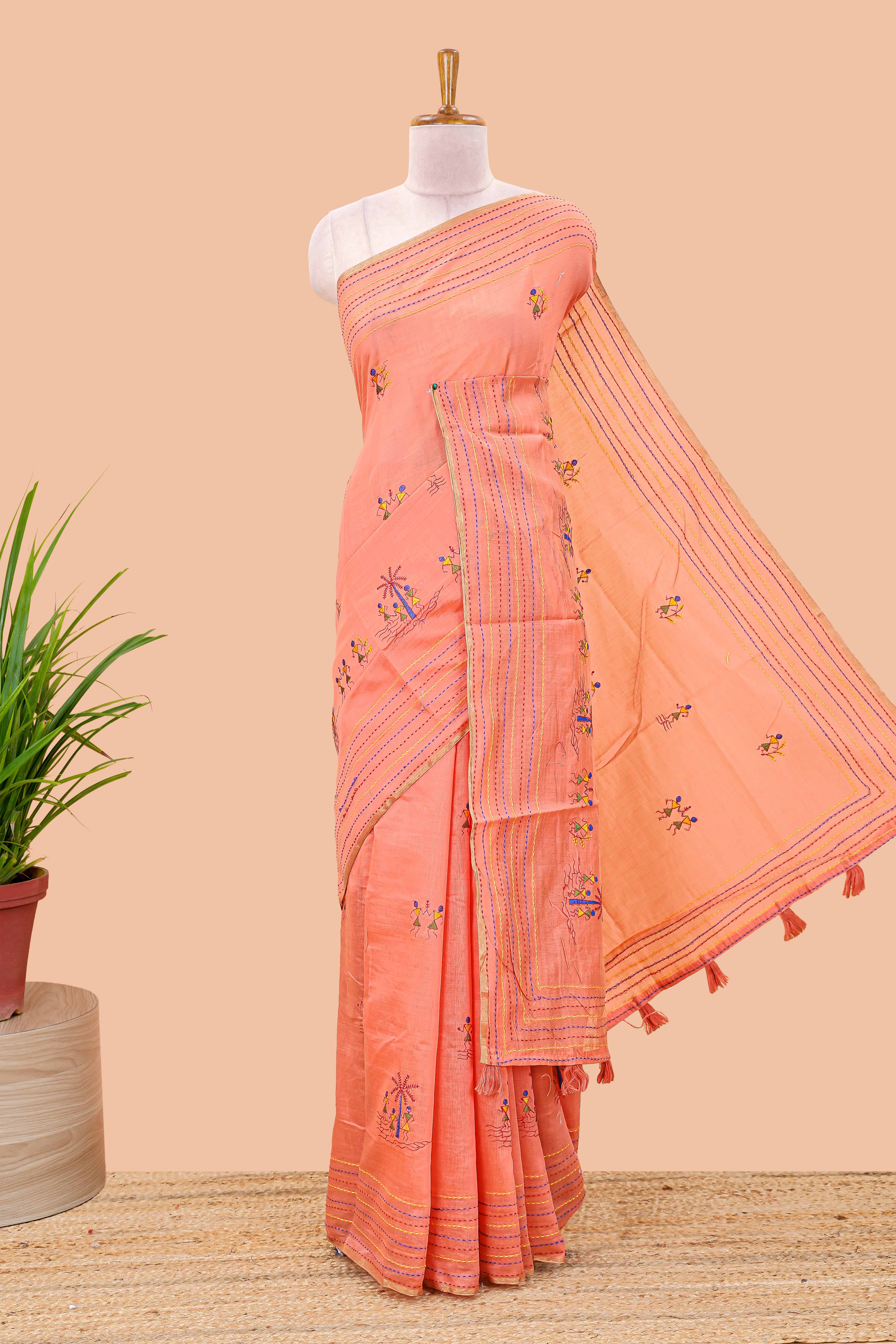 Orange chanderi cotton saree warli art embroidery pallu