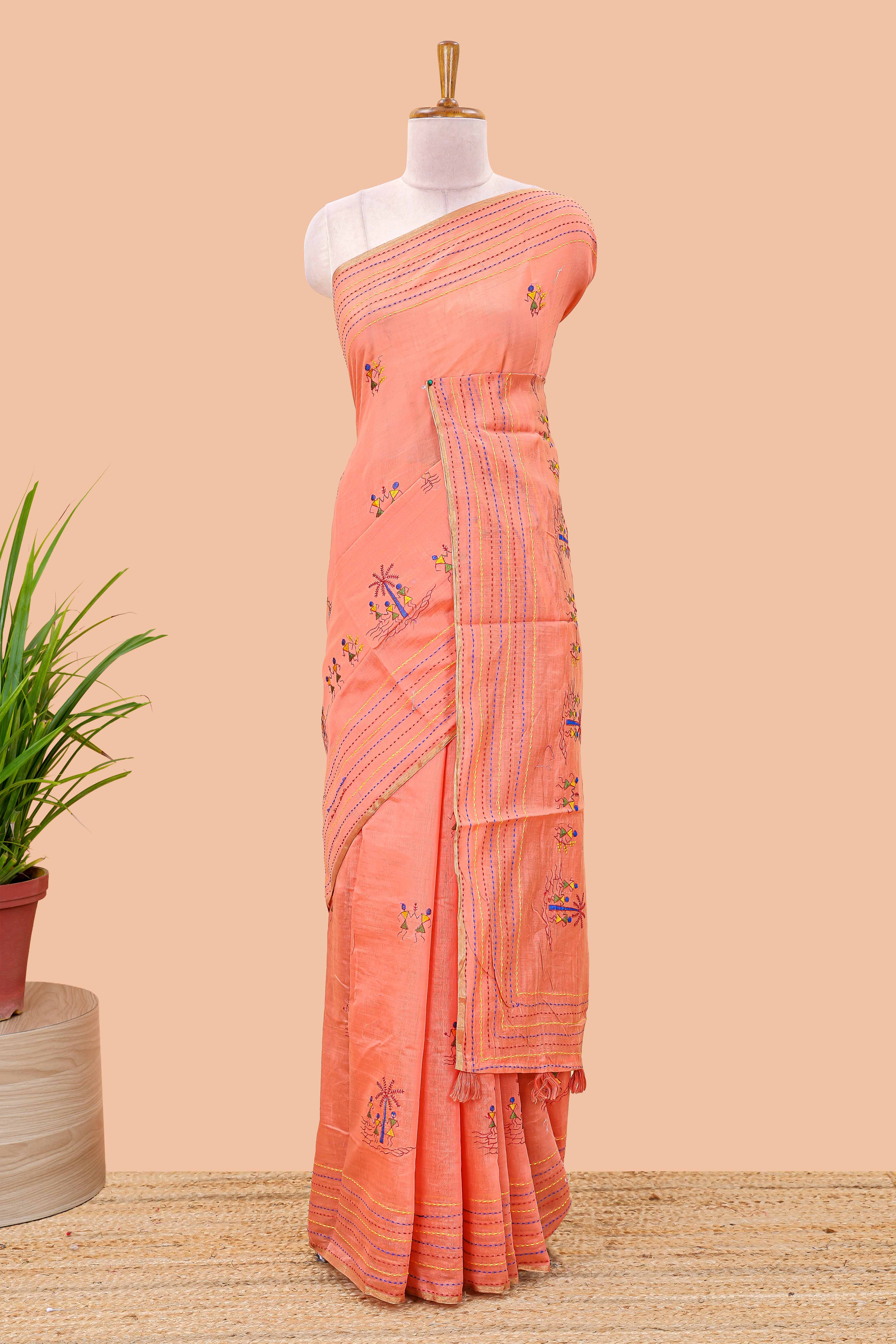Orange chanderi cotton saree warli design