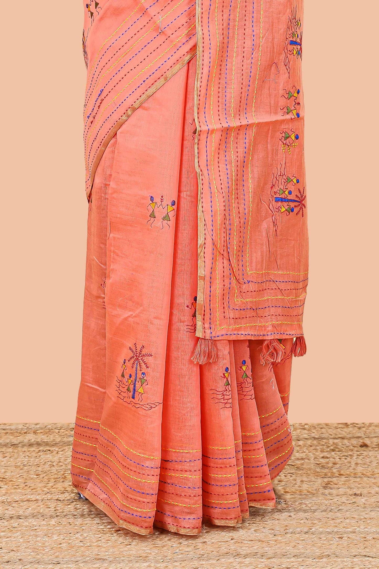 Orange chanderi cotton saree with borders