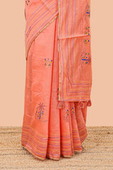 Orange chanderi cotton saree with borders
