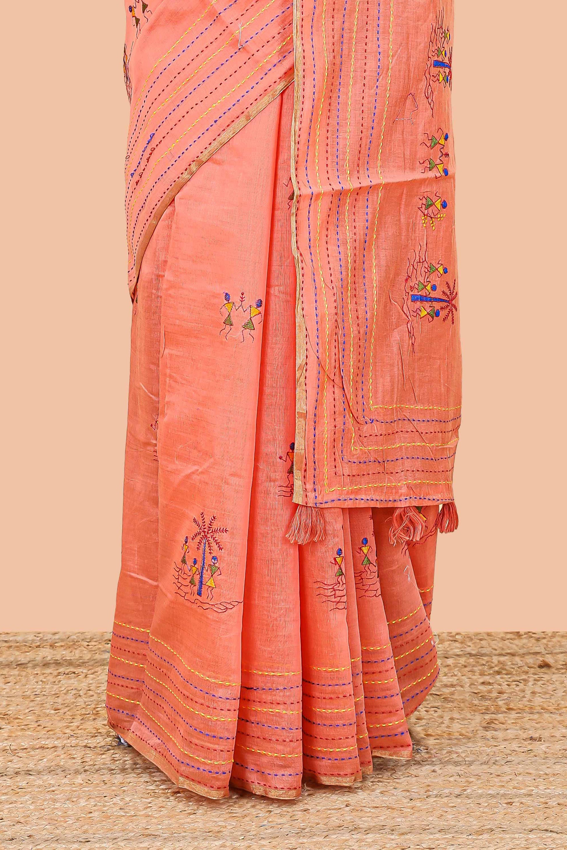 Orange chanderi cotton saree with borders