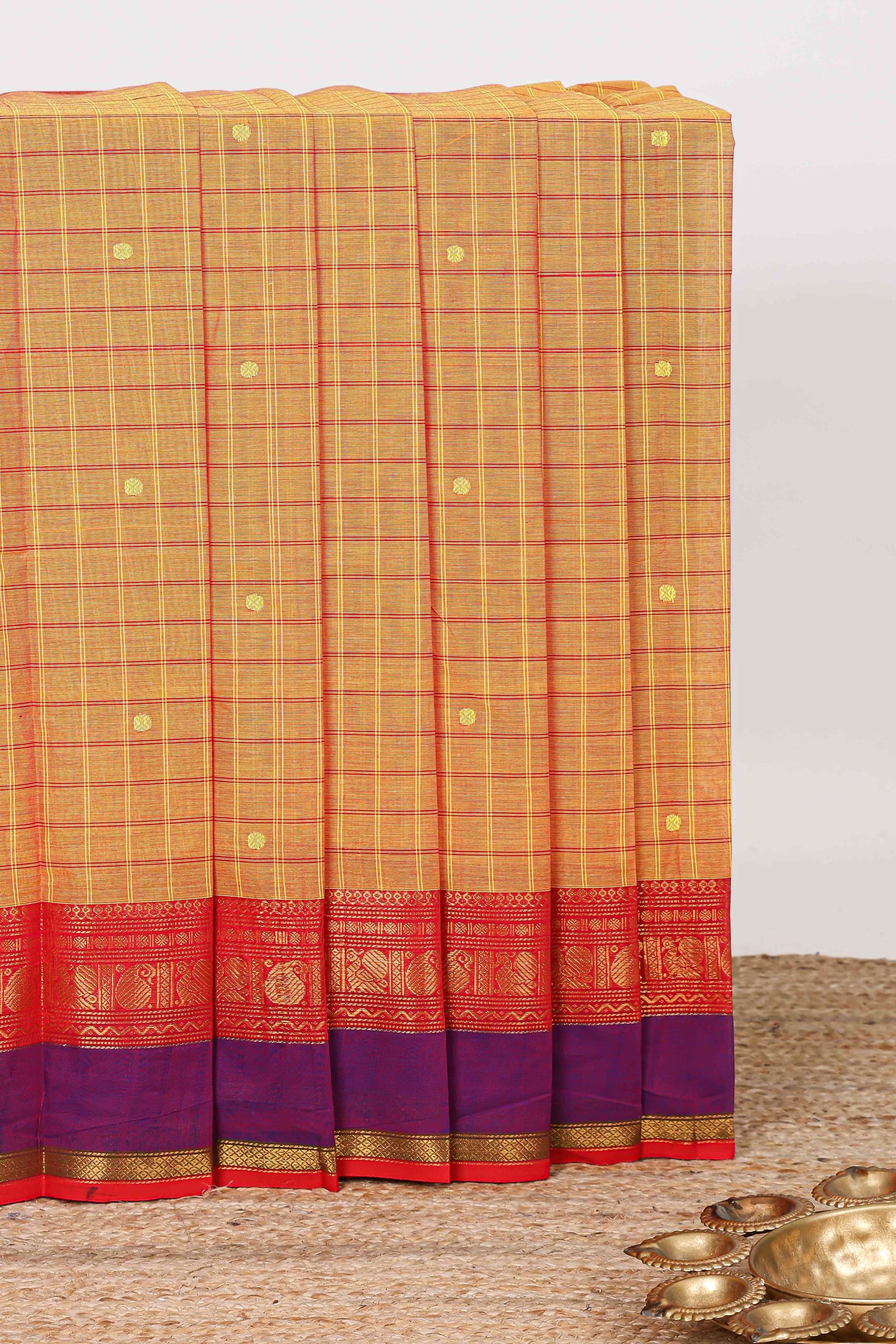 Orange checked zari butta chettinad cotton saree