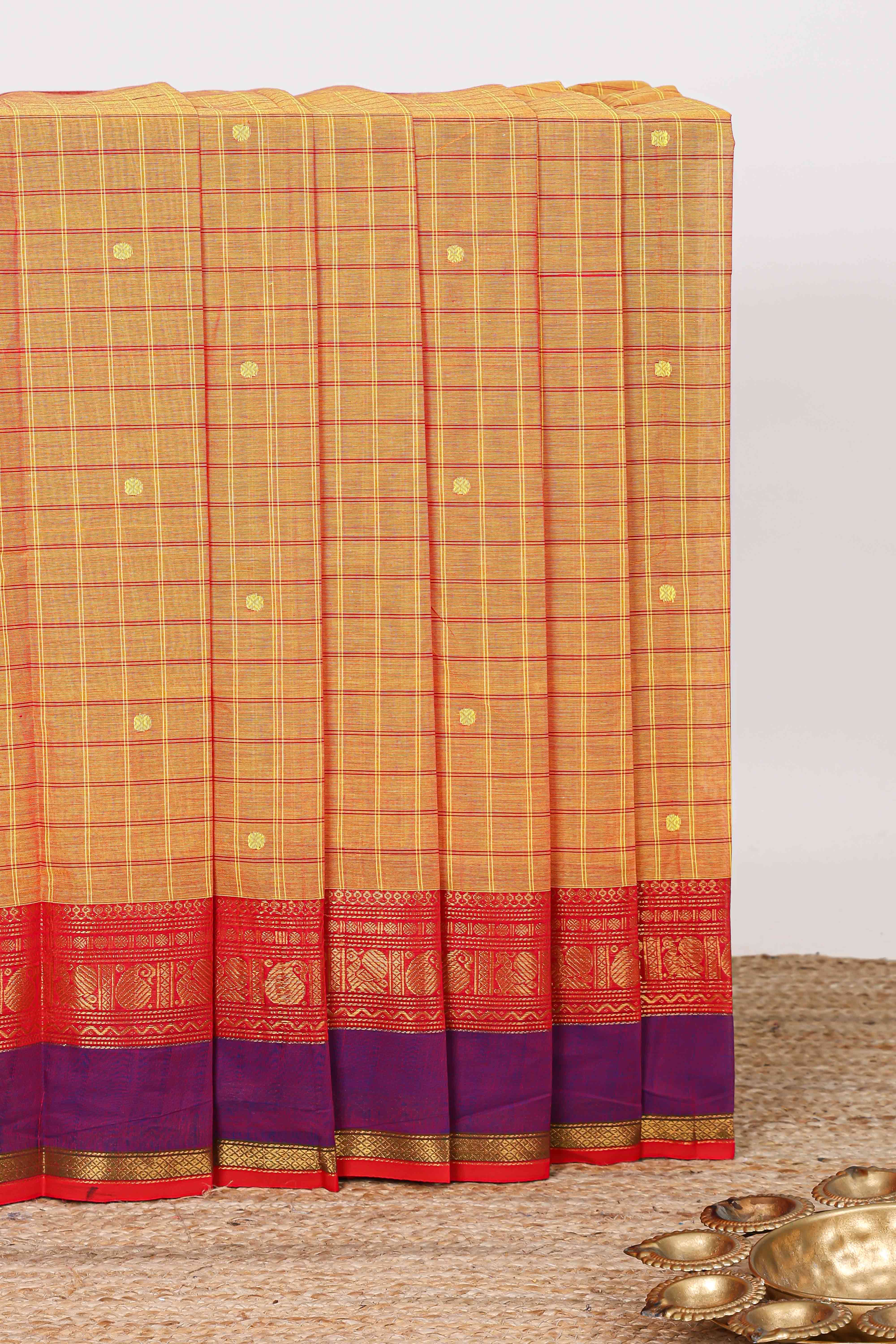 Orange checked zari butta chettinad cotton saree