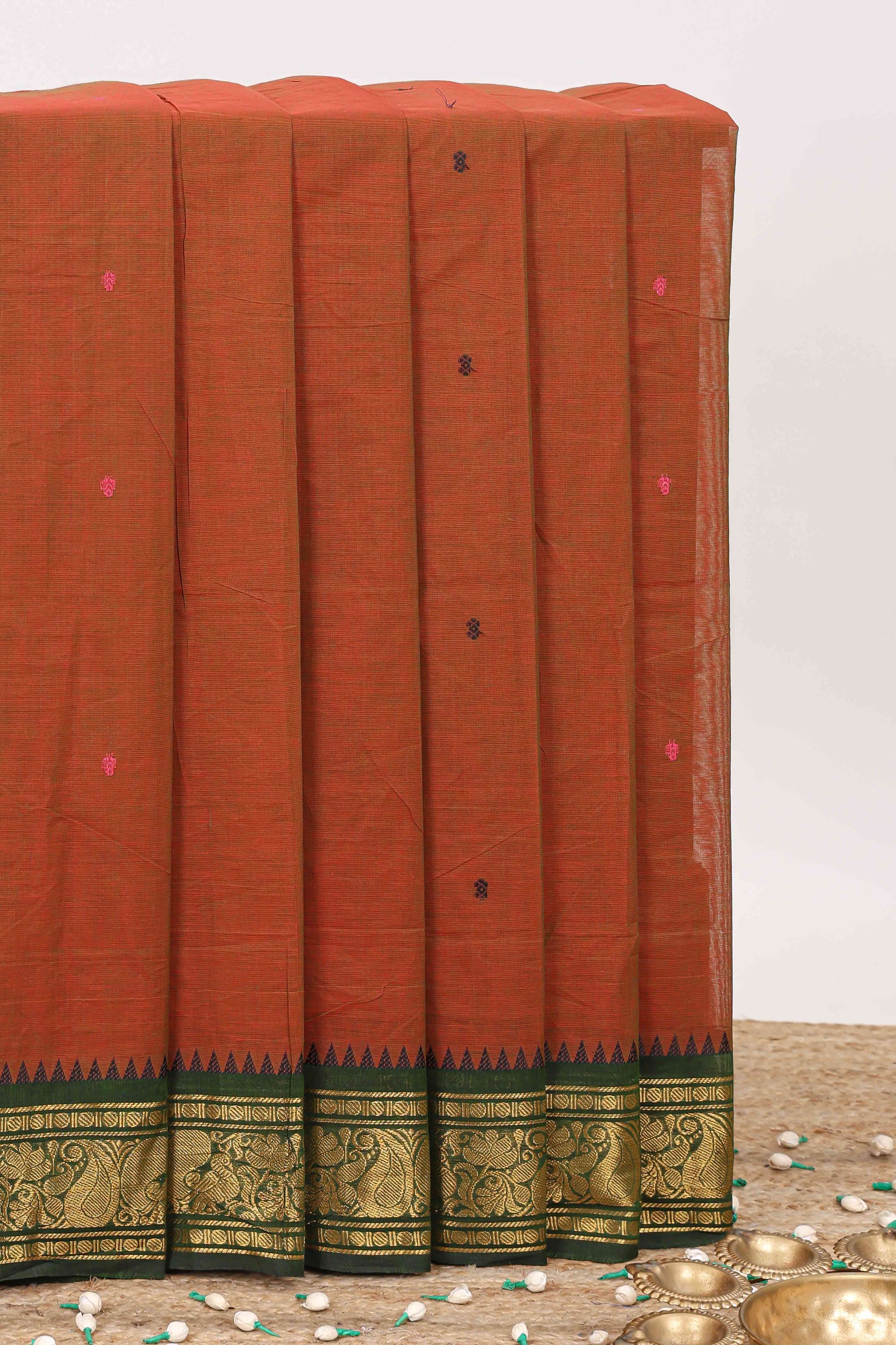 Orange chettinad cotton saree butta design