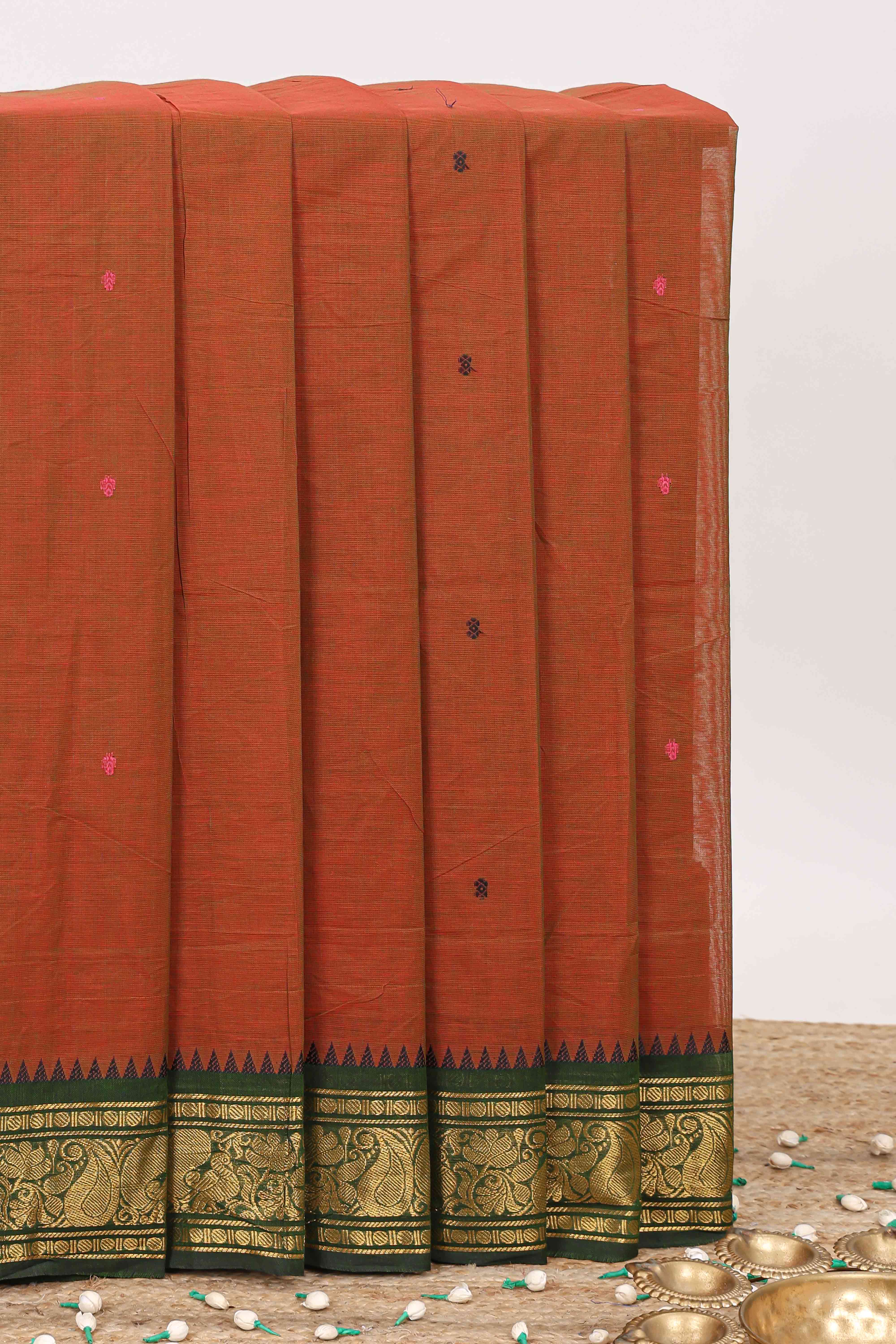 Orange chettinad cotton saree butta design