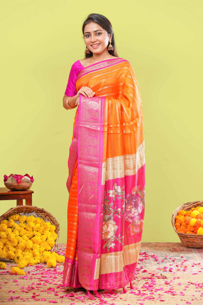 Orange color dola silk festive saree