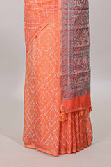 Orange contrast print pallu linen cotton saree