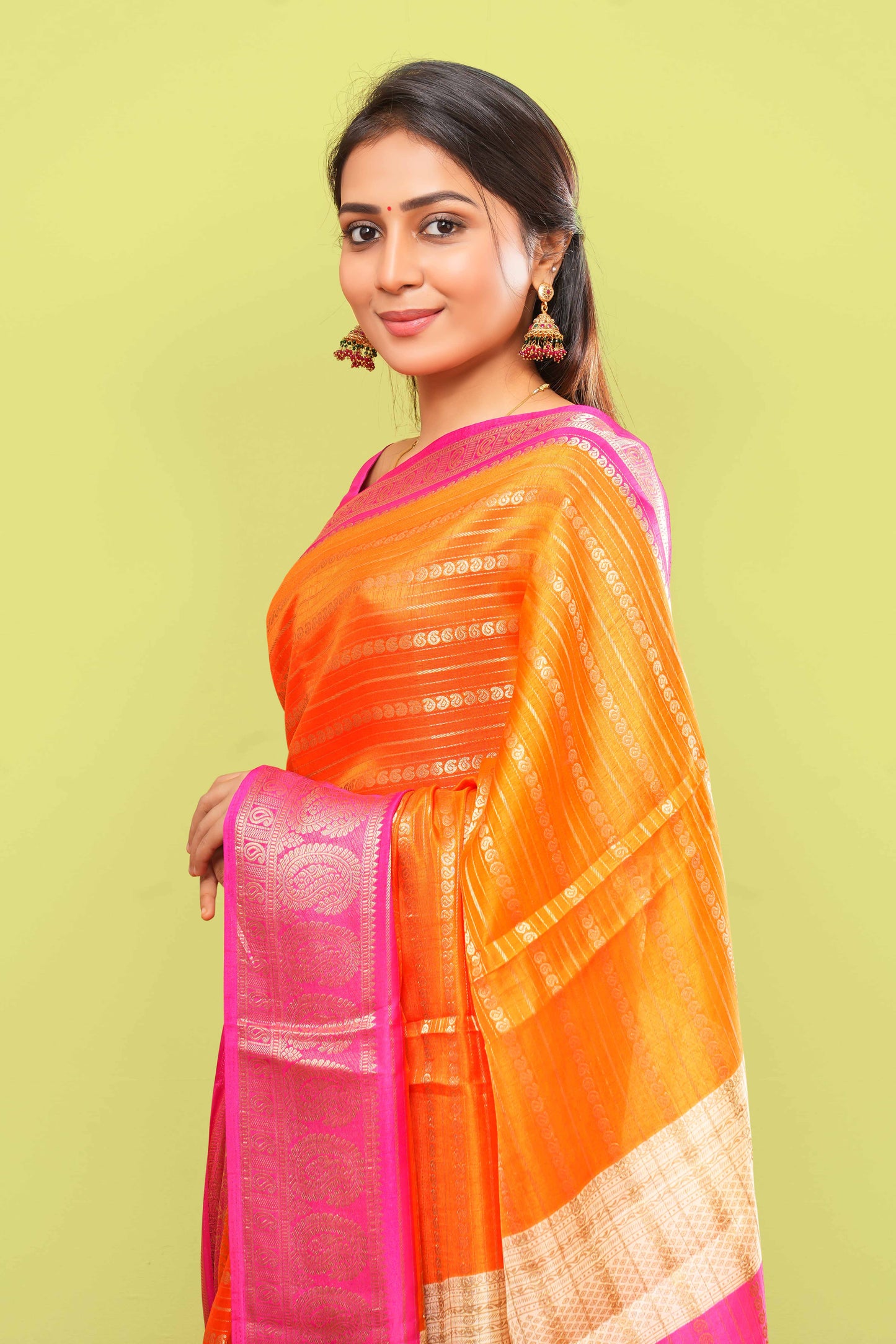 Orange dola silk floral pallu saree
