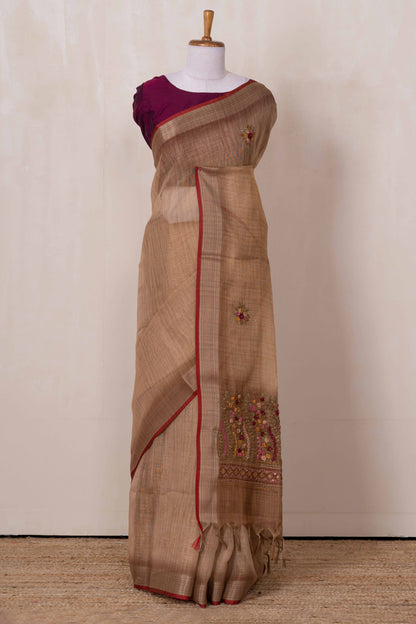 Orange floral linen saree