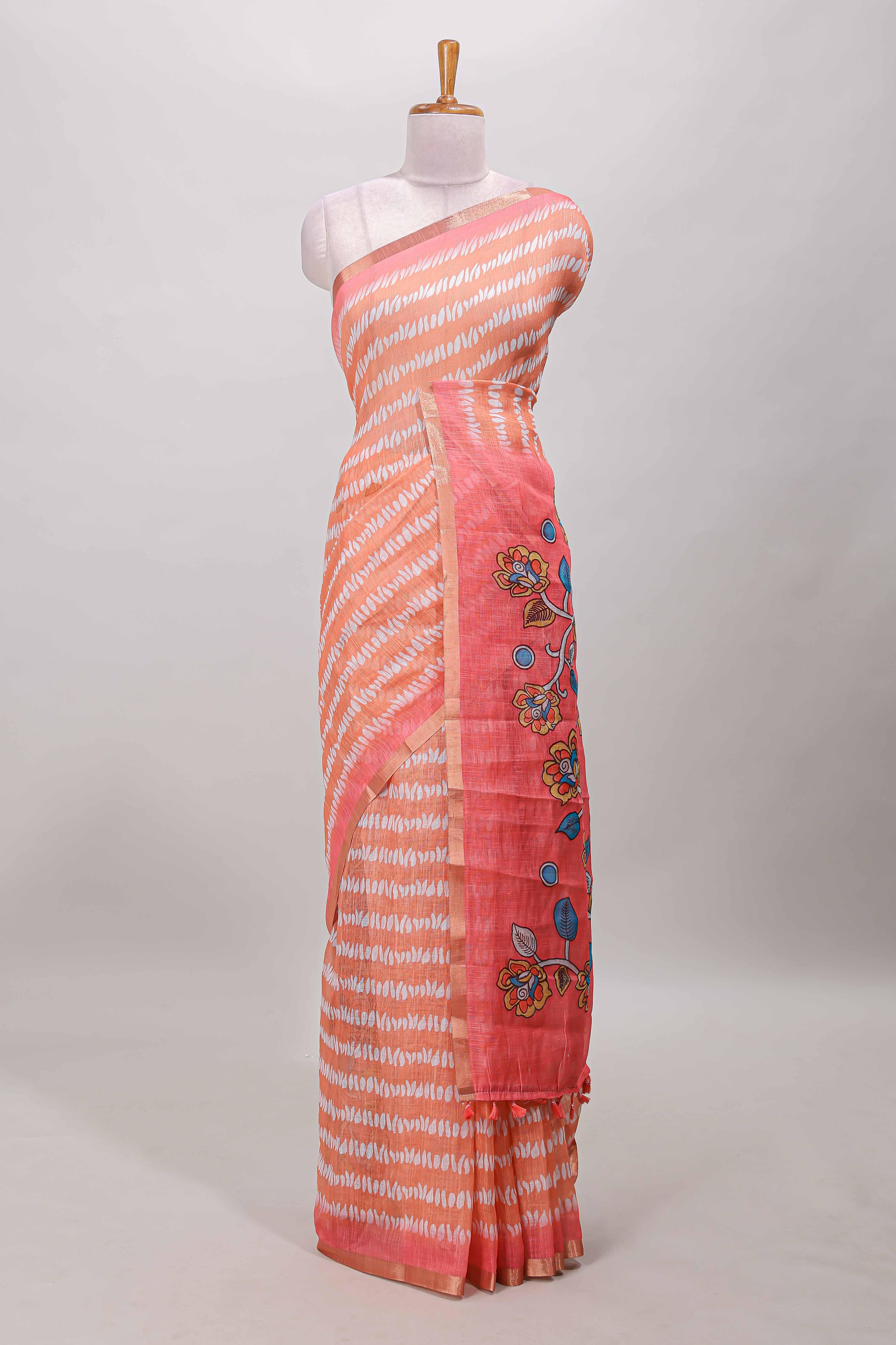 Orange floral petal design linen cotton saree