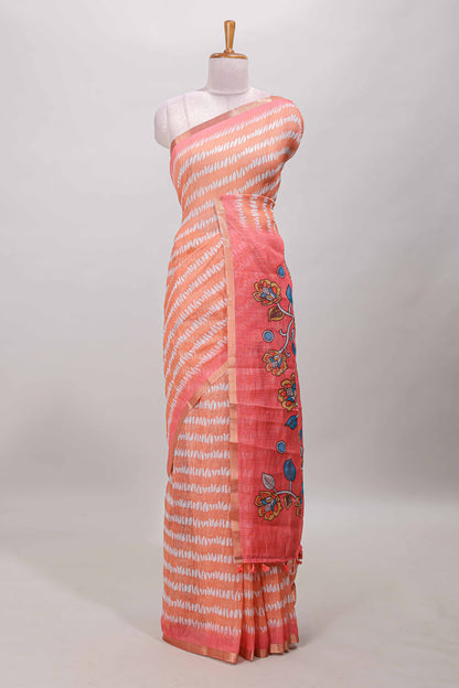 Orange floral petal design linen cotton saree
