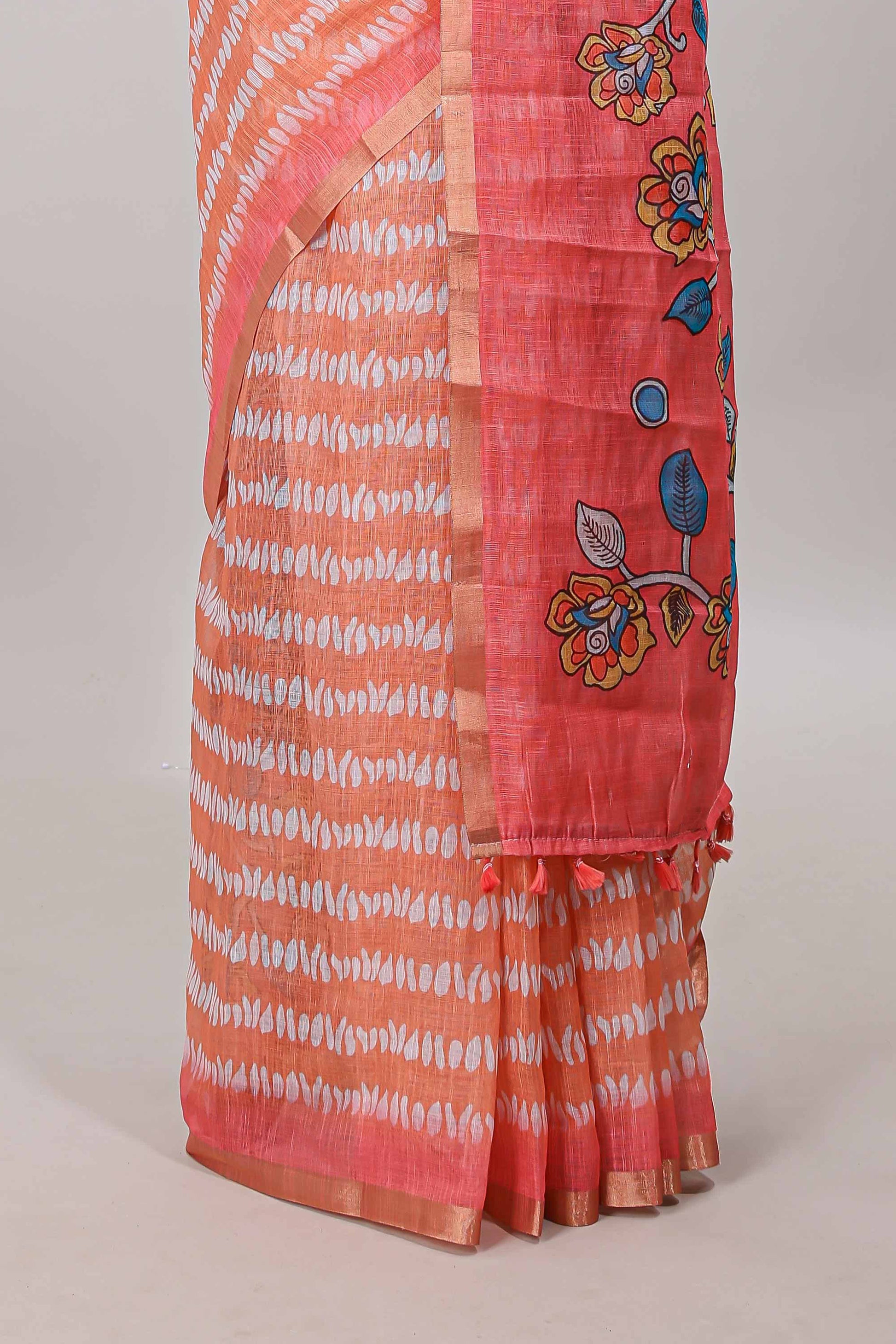 Orange floral print pallu linen cotton saree
