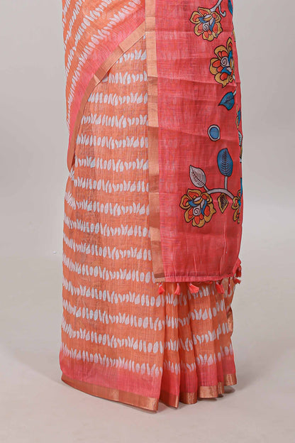 Orange floral print pallu linen cotton saree
