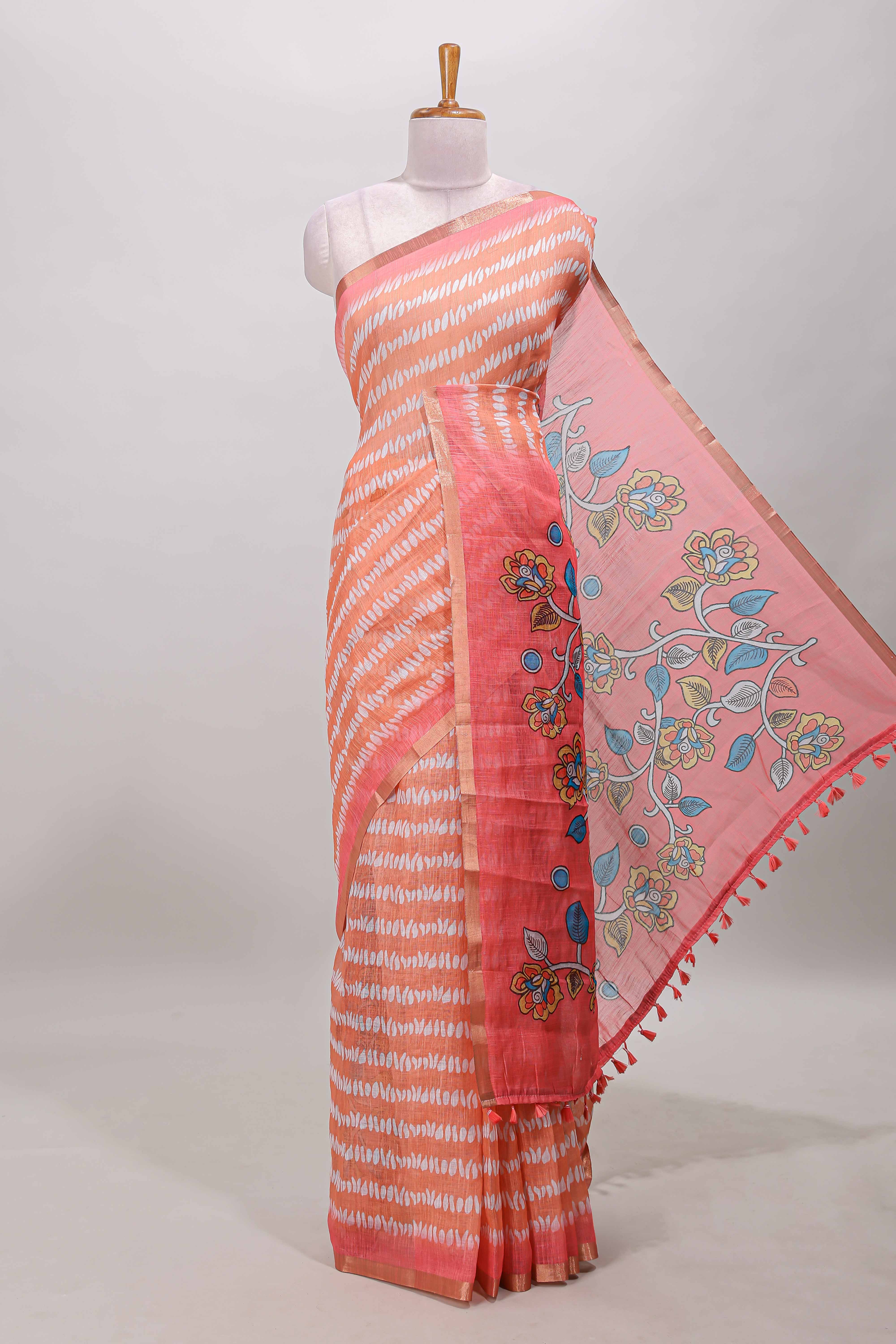 Orange floral striped linen cotton saree