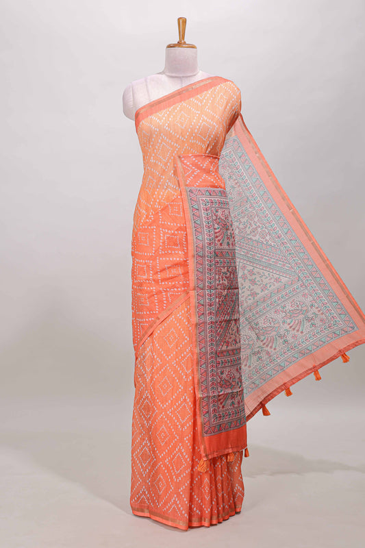 Orange geometric bandhani linen cotton saree